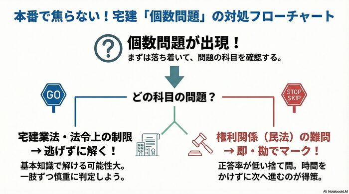 宅建試験での個数問題対処フローチャート。宅建業法なら解く、権利関係の難問なら時間をかけずに勘でマークするという、科目別の判断基準を示した図