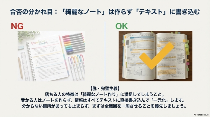 綺麗なノート作成(NG)と、書き込みで使い込まれたテキスト(OK)を比較したイラスト