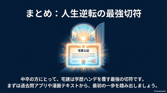 輝く宅建士証と、開かれた扉の向こうに明るい未来が広がるイメージイラスト。