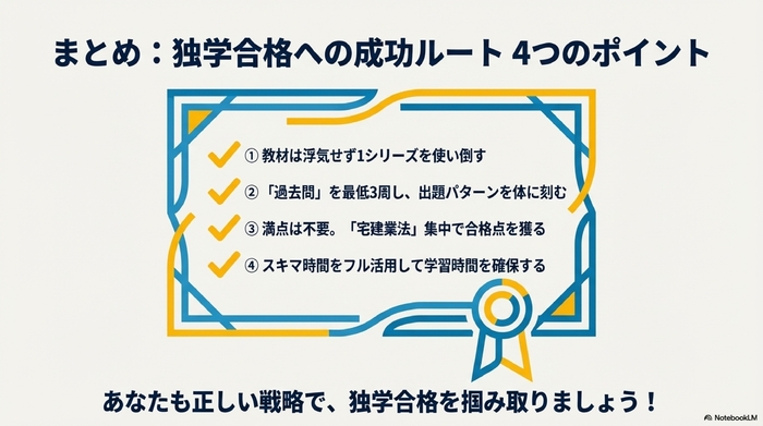 独学合格のための4つの重要ポイントをまとめたチェックリストとゴールのイメージ