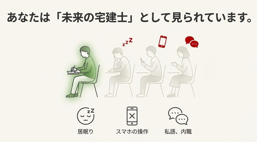 「あなたは『未来の宅建士』として見られています。」という文字と、真面目に受講する人と、居眠りやスマホ操作をしていて評価されていない人の対比イラスト