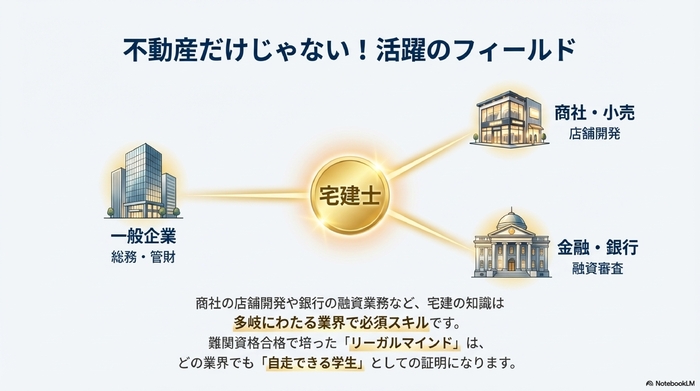 不動産業界以外でも、小売、金融、一般企業の総務などで宅建資格が活かせることを示した相関図