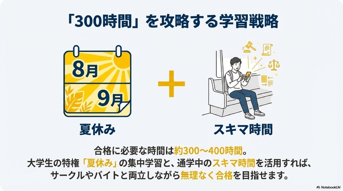 夏休みのカレンダーと、通学中のスキマ学習を描いたイラストで、勉強時間の確保方法を示した図