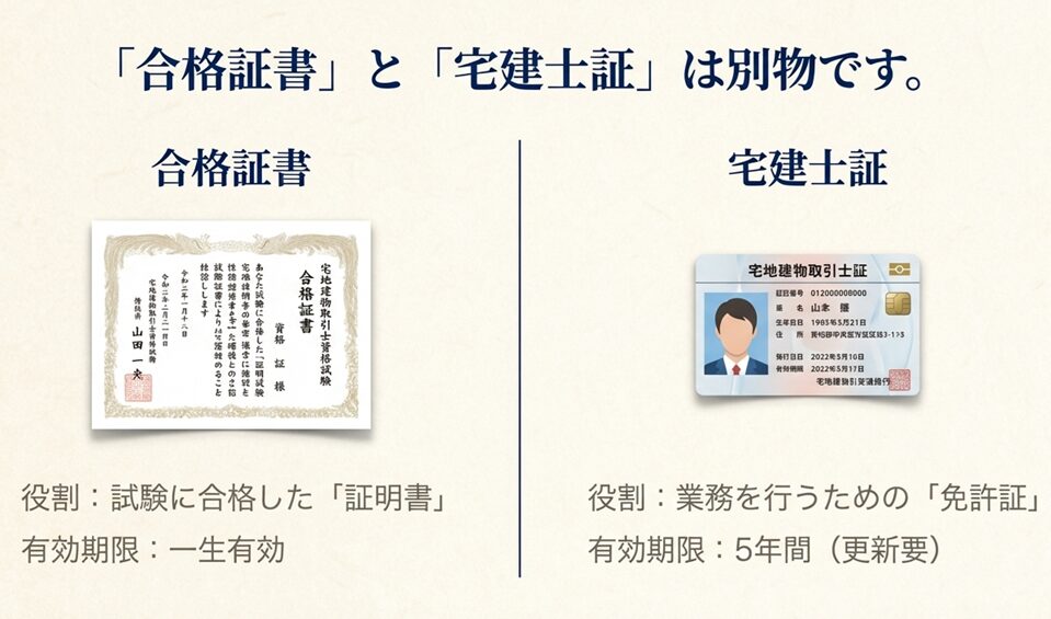 賞状タイプの「合格証書」とカードタイプの「宅建士証」の実物を比較し、役割の違いを解説した画像