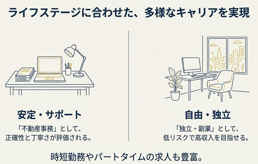 ライフステージに合わせた多様なキャリアを実現。左側にデスクワークをする「安定・サポート(不動産事務)」、右側に快適なオフィスで働く「自由・独立(独立・副業)」の対比イラスト