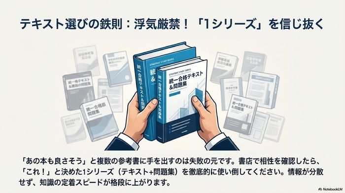 複数の参考書ではなく、決めた1シリーズのテキストと問題集を手に持っている画