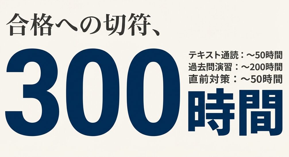 「300時間」と大きく書かれた文字。テキスト通読50時間、過去問演習200時間、直前対策50時間の内訳詳細