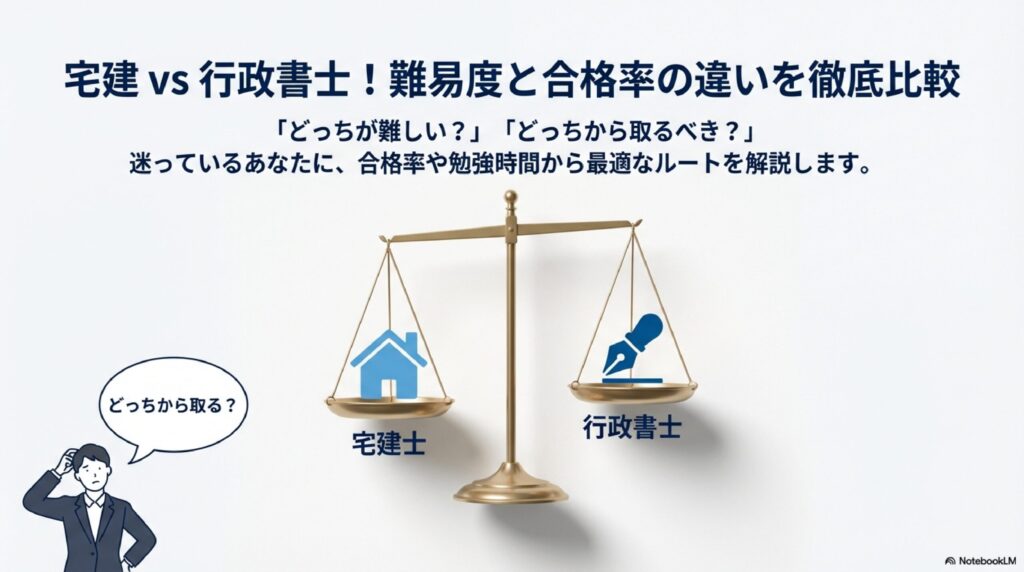 宅建と行政書士を天秤にかけて比較検討しているイメージイラスト
