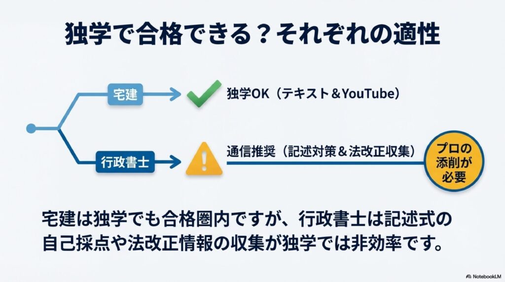 宅建は独学可能だが行政書士は通信講座が推奨されることを示すフローチャート