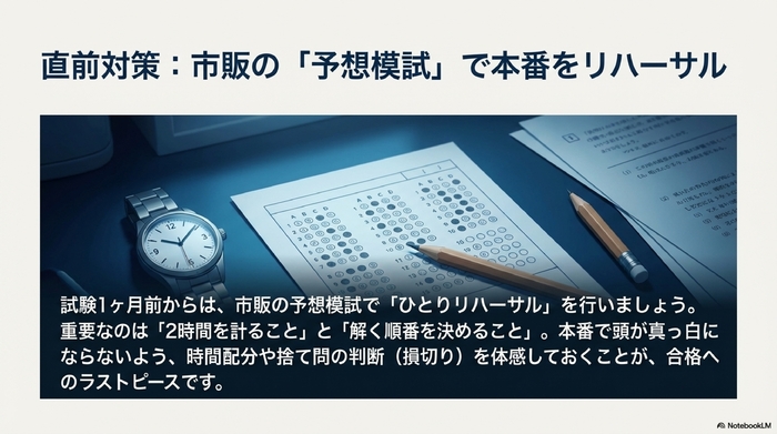 腕時計とマークシートを使用し、本番形式で模試に取り組んでいる様子のイラスト