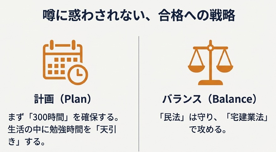 噂に惑わされない、合格への戦略。計画(Plan)まず300時間を確保。バランス(Balance)民法は守り、宅建業法で攻める。
