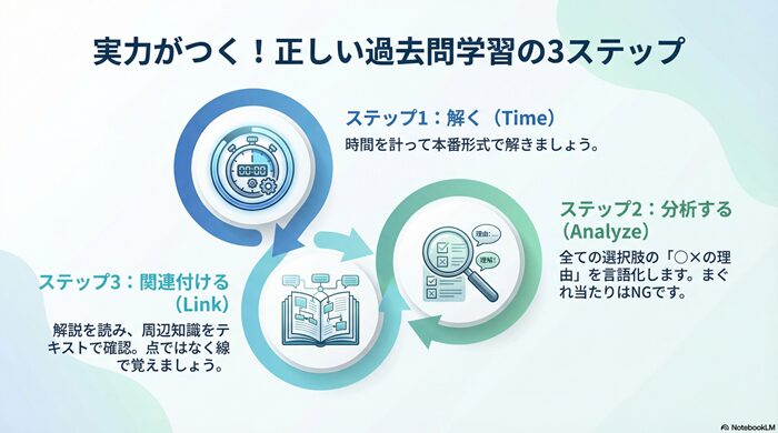宅建過去問の効果的な学習サイクル図。解く、分析する、関連付けるの3ステップを循環させ、一肢ごとの理由付けを行う重要性を説明したチャート。