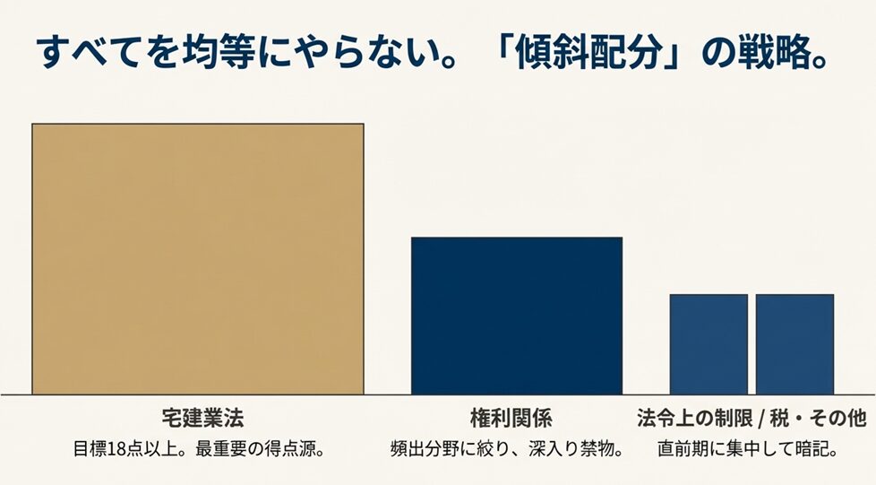 棒グラフのイメージ。宅建業法に最も時間を割き、権利関係、法令上の制限と続く傾斜配分の図解