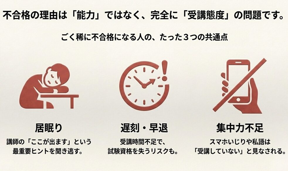ごく稀に不合格になる人の3つの共通点。居眠り、遅刻・早退、集中力不足(スマホ操作・私語)を示すアイコンイラストと、受講態度が重要であるという解説