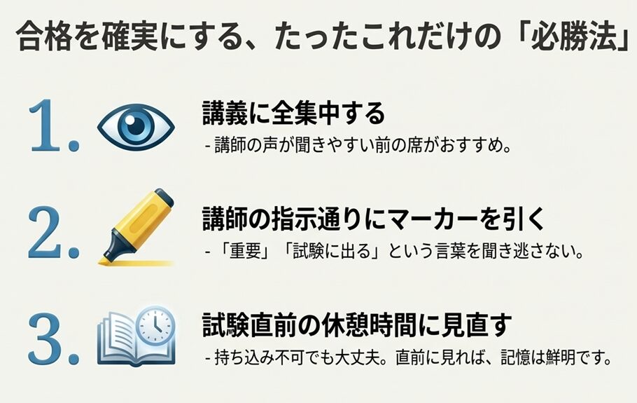 合格を確実にするための3つの手順。1.講義に全集中する(前の席推奨)、2.講師の指示通りにマーカーを引く、3.試験直前の休憩時間に見直す