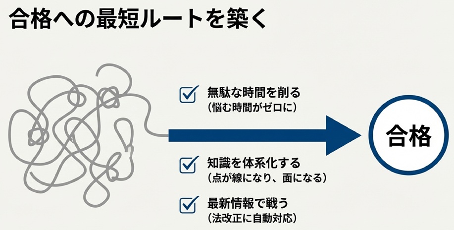 迷路のような非効率な独学から、無駄な時間を削り、知識を体系化し、最新情報で戦うことで合格への一直線のルートを築くイメージ図