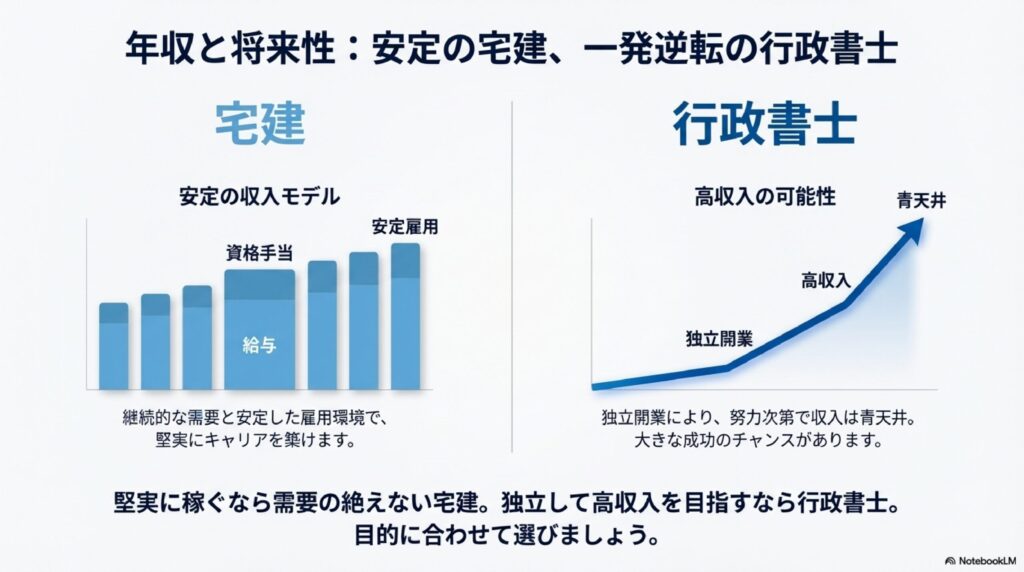 宅建の安定収入と行政書士の独立後の高収入の可能性を比較したグラフイメージ