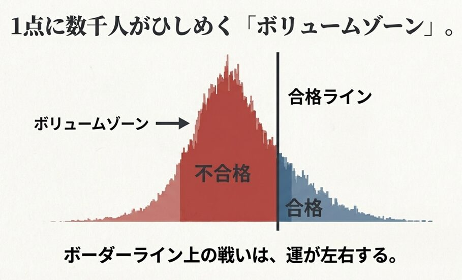宅建試験の得点分布ヒストグラム図解。合格ライン付近のボリュームゾーンには数千人がひしめき、ボーダーライン上の戦いは運が左右することを示す