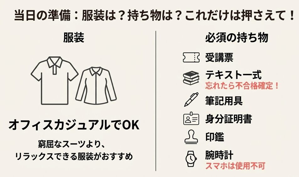 オフィスカジュアルの服装例と、受講票やテキストなどの必須持ち物リスト
