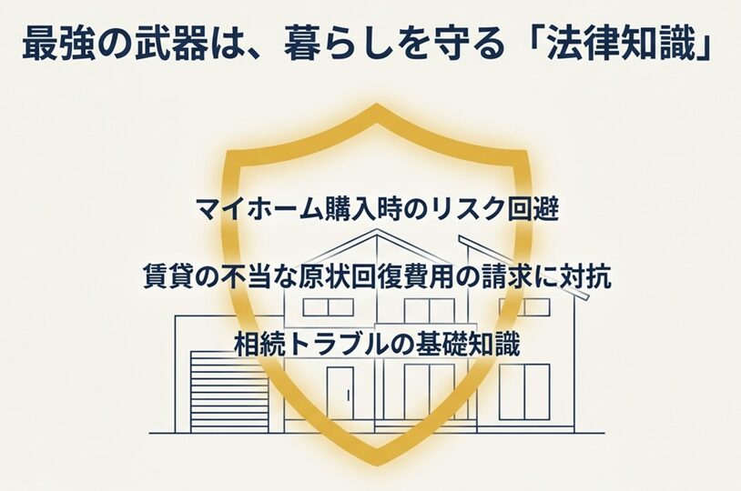 最強の武器は暮らしを守る「法律知識」。マイホーム購入時のリスク回避や賃貸トラブルへの対抗策を、盾(シールド)のアイコンで表現したイラス