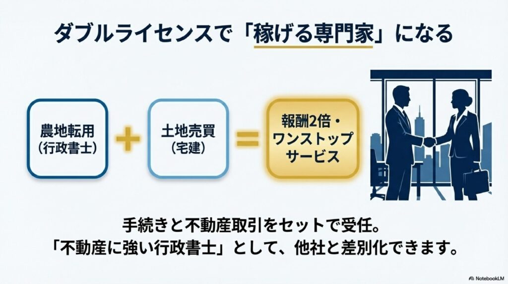 行政書士と宅建の業務を組み合わせて報酬が増加する仕組みを示した図解