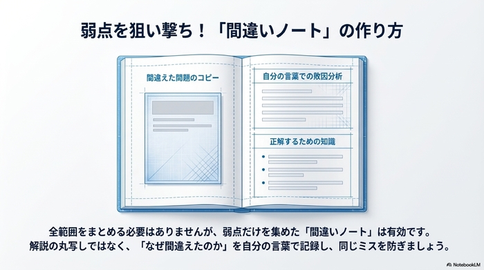 間違いノートの見開きレイアウト図。左側に問題、右側に思考プロセスと理由が整理されている