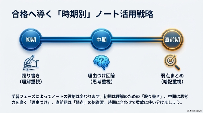 学習の初期、中期、直前期それぞれのノート活用法を示したフローチャート図