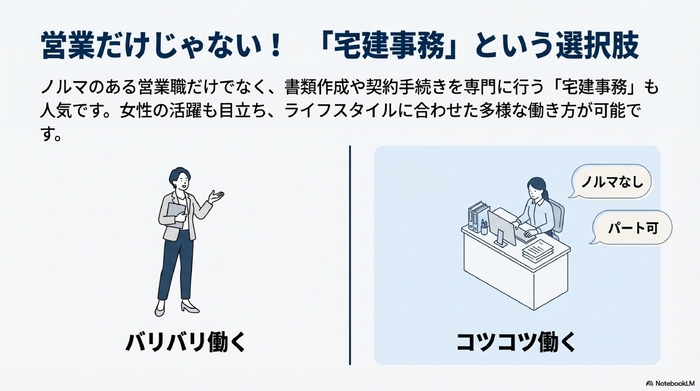 左側に電話をする営業マン、右側に書類作成をする事務スタッフのイラスト。事務スタッフの周りに「ノルマなし」「パート可」の吹き出し。