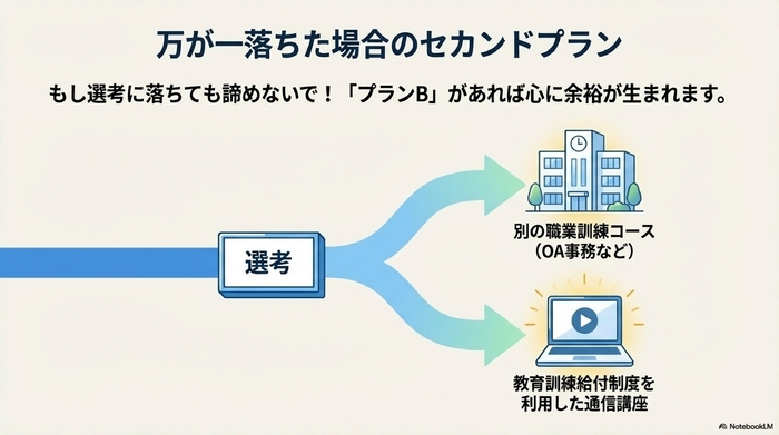 選考に落ちた場合の代替案(別の訓練コース、通信講座)を示す図