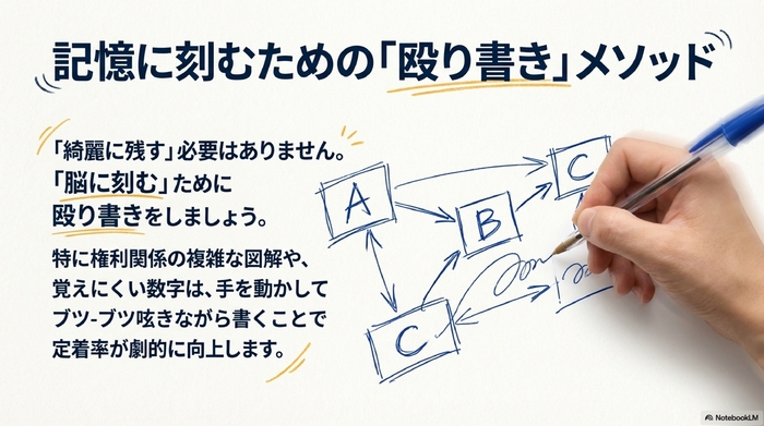 裏紙に青ペンで用語や権利関係の図が勢いよく書き殴られているイメージイラスト