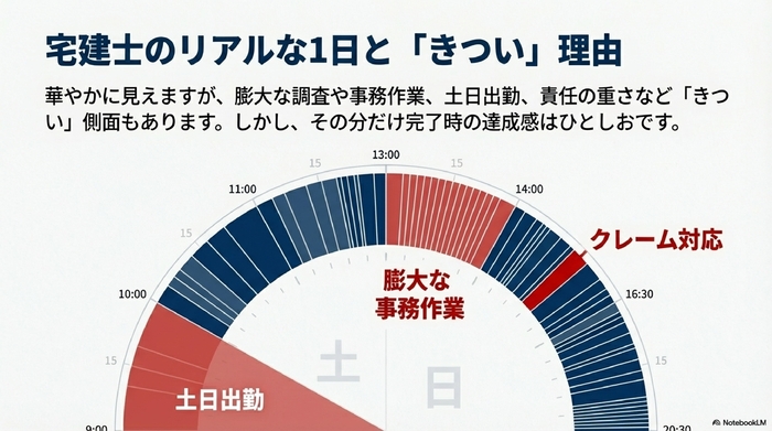 朝9時から夜20時半までのタイムスケジュール表。土日出勤や事務作業の多さがわかる図。
