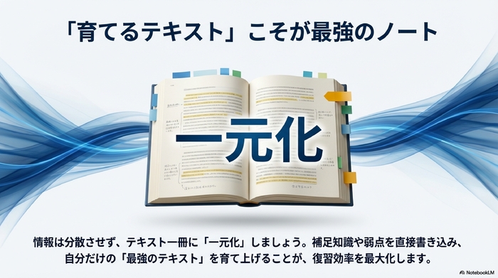 使い込まれたテキストの画像。ページに多くの書き込みや付箋があり、情報が集約されている様子