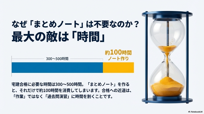 宅建のテキストと時計のイラスト。学習時間の配分を示す円グラフで、ノート作成時間が大きな割合を占めている様子