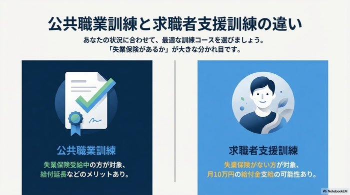 公共職業訓練と求職者支援訓練の違いを説明する対比図。