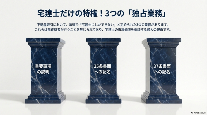 3本の柱が並んでいるイラスト。左から「重要事項説明」「35条書面記名」「37条書面記名」の文字。
