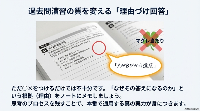 ノートに解答とともに、その理由が手書きでメモされている様子。正解不正解だけでなく根拠が重要であることを示す図。