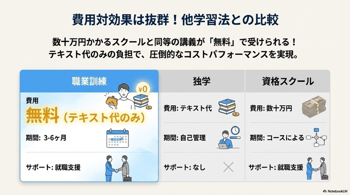 職業訓練、独学、資格スクールの費用、期間、サポート体制を比較した表