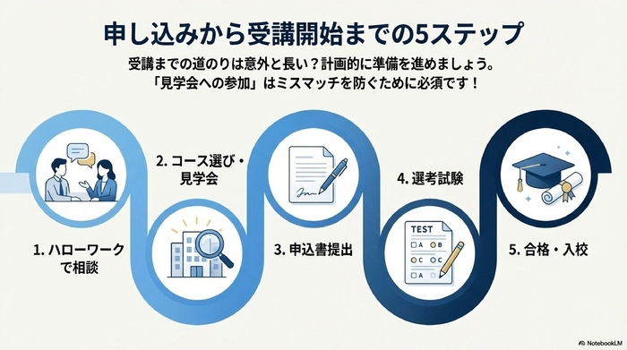 ハローワークでの相談から入校までの5つのステップを示したフローチャート