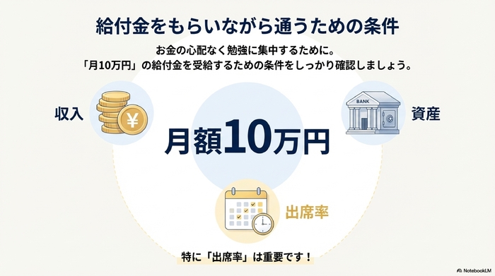 月額10万円の給付金と、その受給条件(収入、資産、出席率)を示したチェックリスト